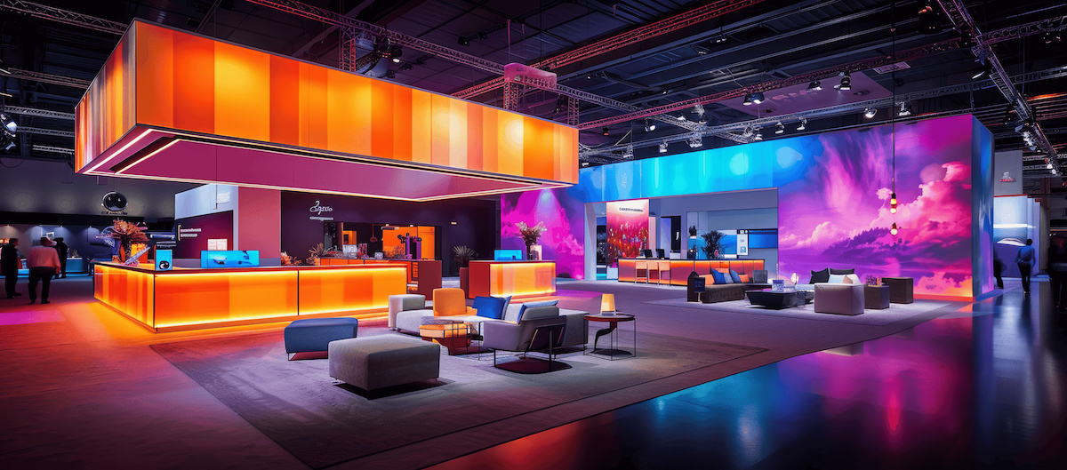 Interactive Tech Exhibition Stand with LED Lights and Modern Furniture at Business Convention